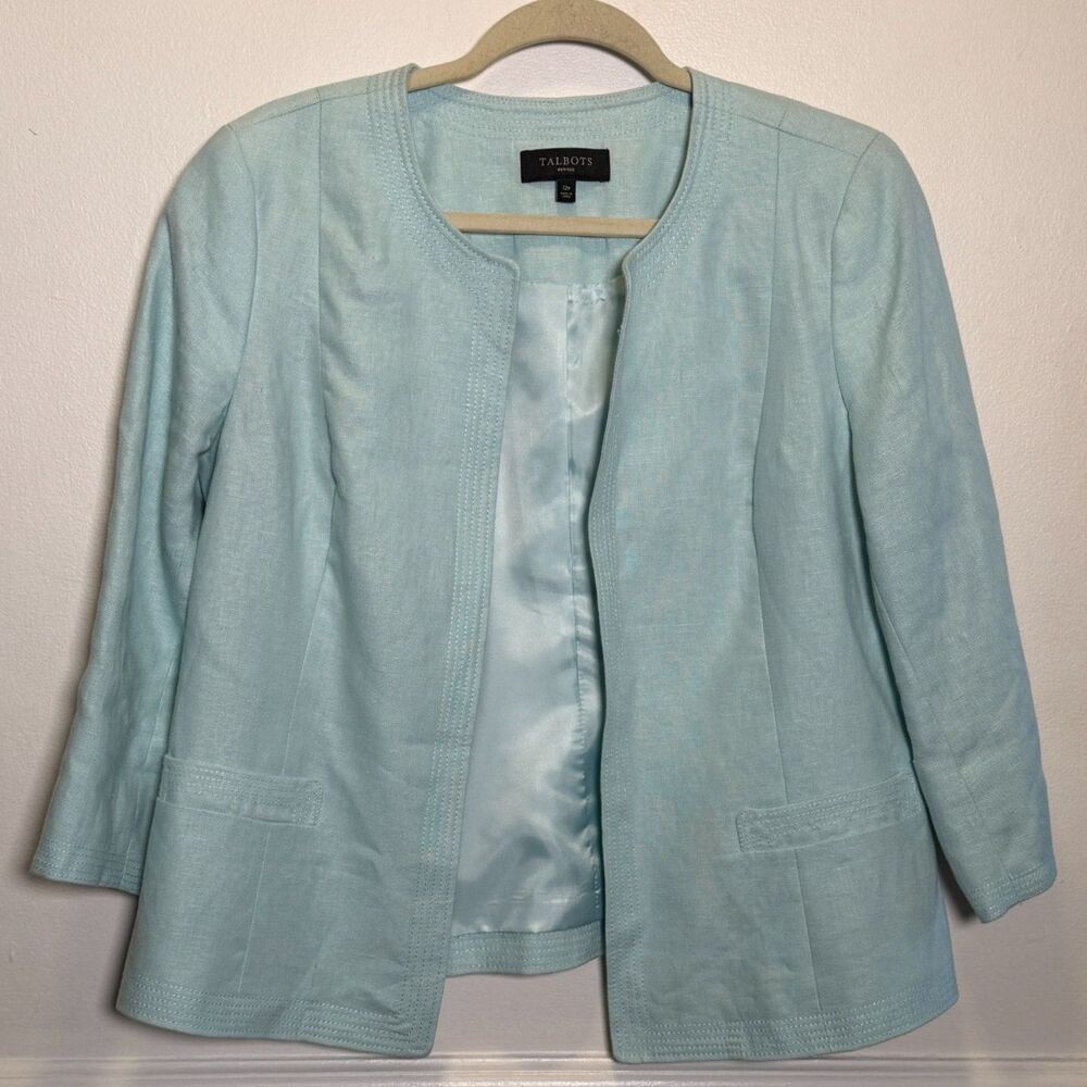 Coastal Talbots Petites Linen Blazer Jacket Sky Blue Open Front 3/4 Sleeve 12P